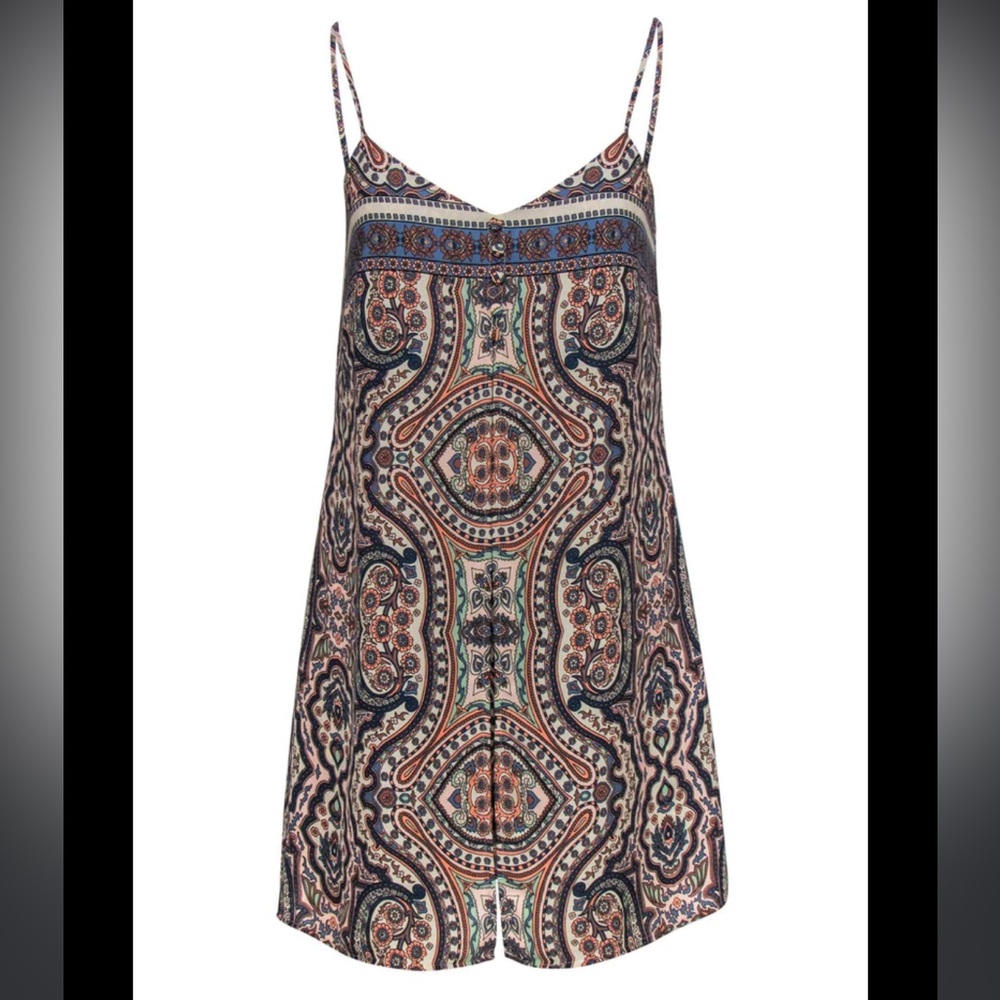 BCBGMAXAZRIA Blue & Pink Paisley Draped Front Romper XS